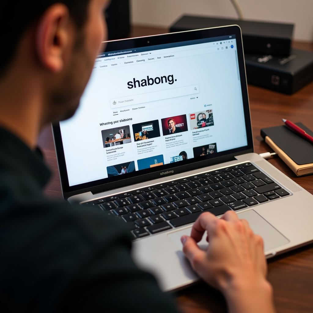 User searching for "shabong" on a laptop