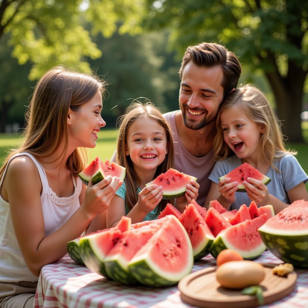 Family enjoying Secret Orchard Watermelon at a picnic