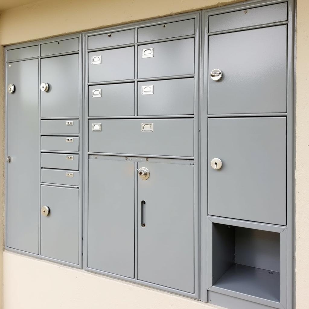 Modern apartment mailboxes with individual compartments and a secure package locker.