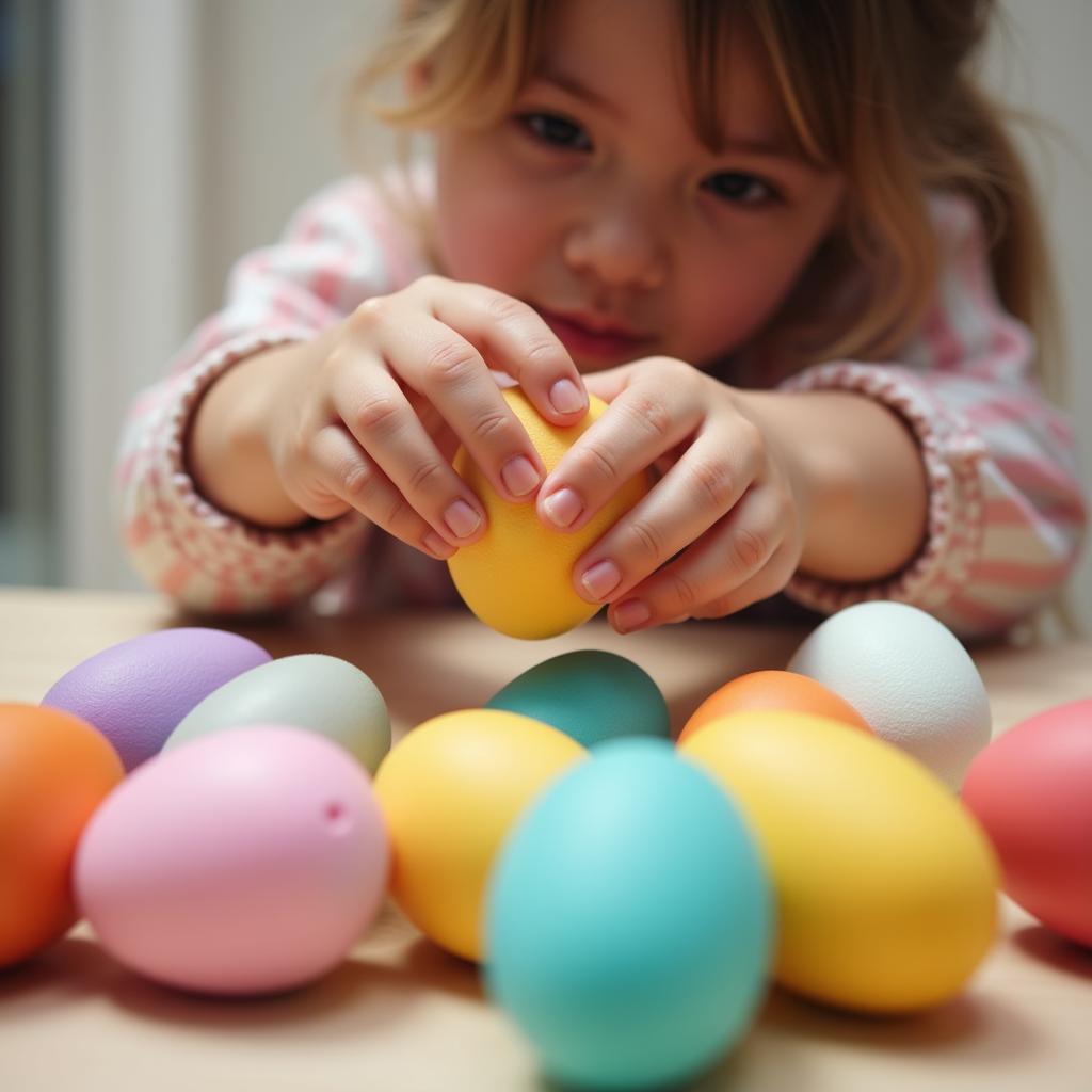 A child holding a plush egg with a variety of options surrounding them