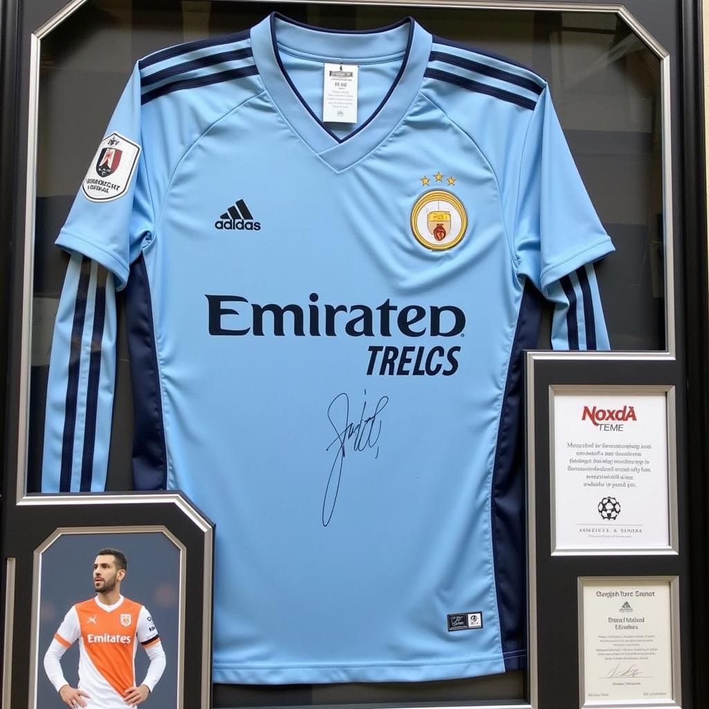 A close-up image of a framed, signed Sergio Aguero jersey.