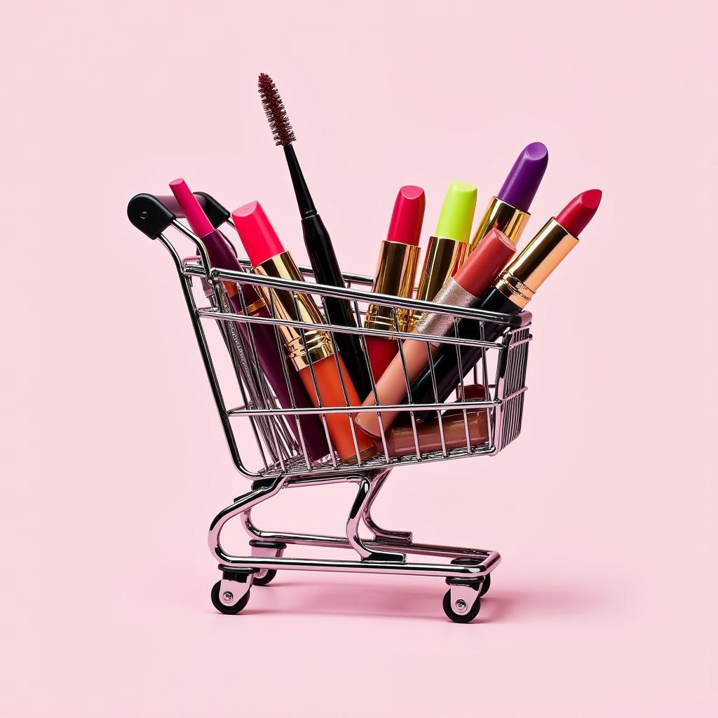 Online Shopping Cart Overflowing with Cosmetics