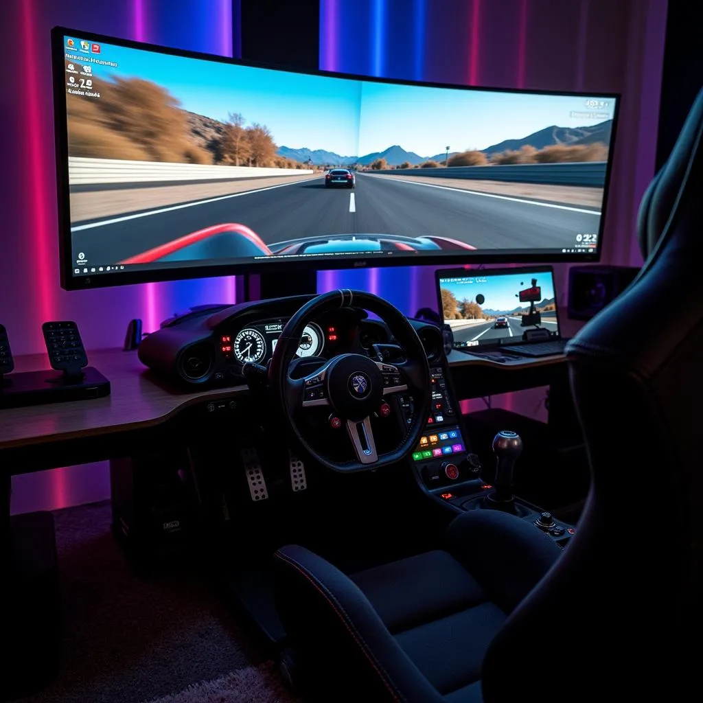 Sim racing setup with dashboard PC