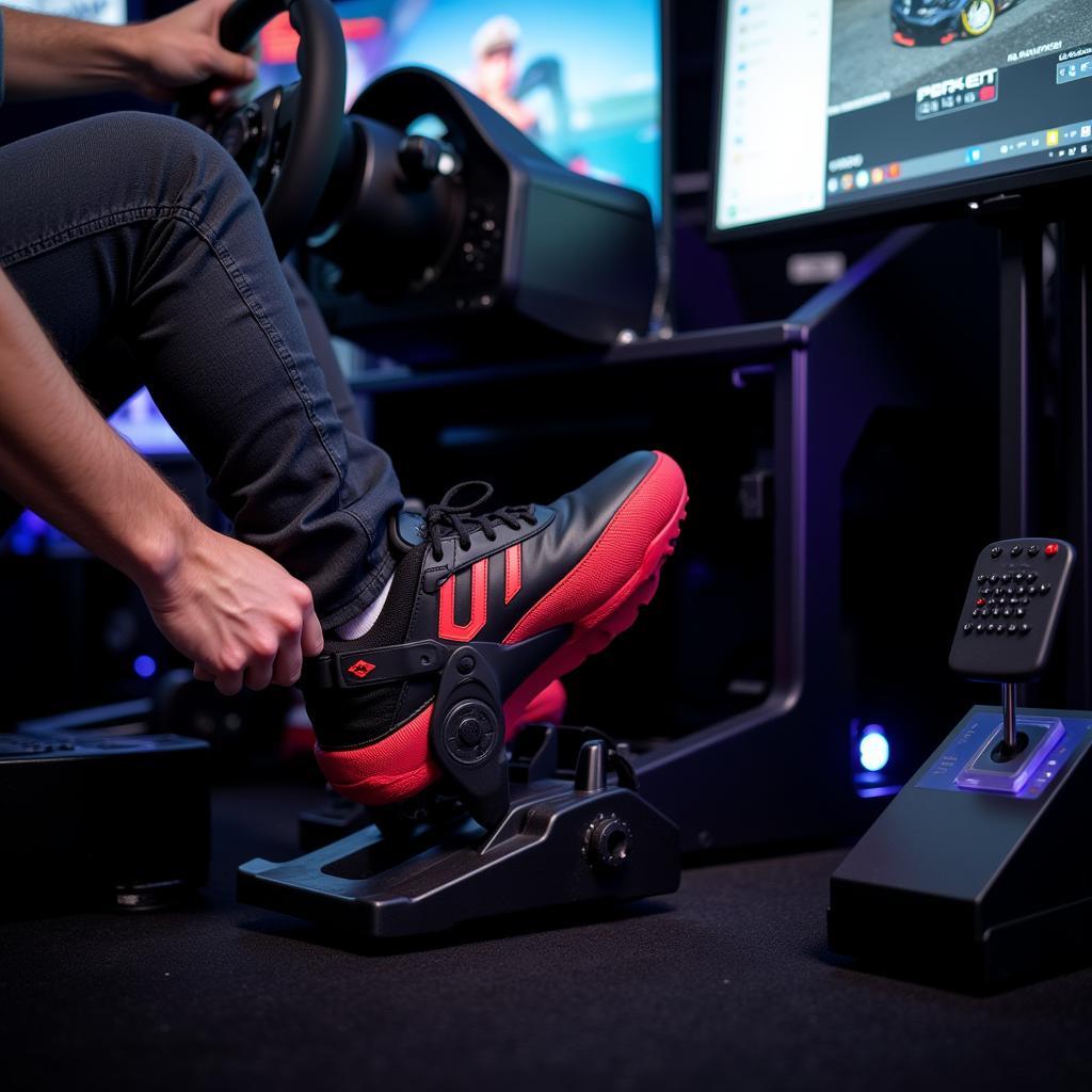 Sim racing shoes on pedals