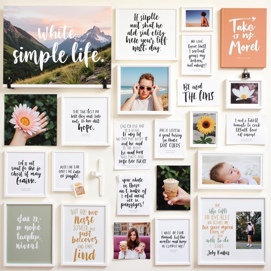 A vision board filled with images and quotes related to simple living 