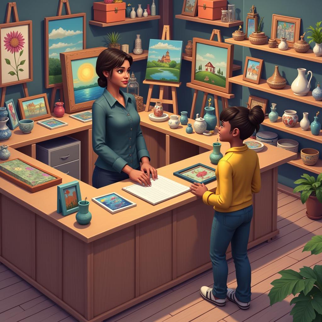 Sims 3 character interacting with the consignment store cash register