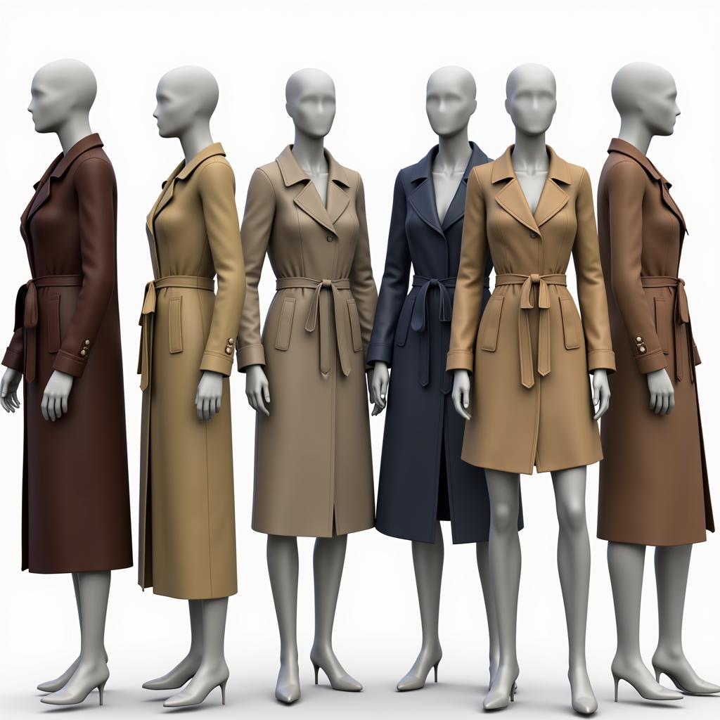 A variety of trenchcoats displayed on mannequins, showcasing the diverse styles available