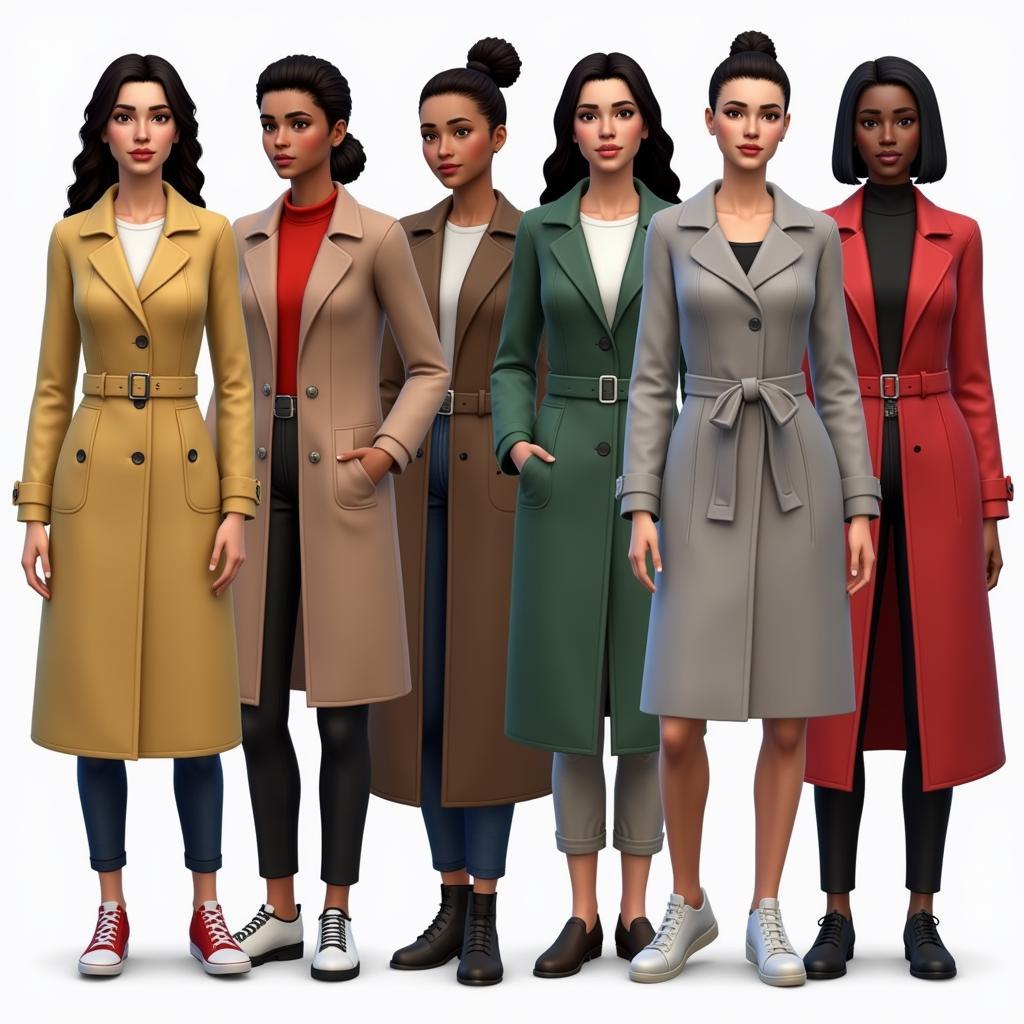 Stylish female Sims showcasing various trenchcoats