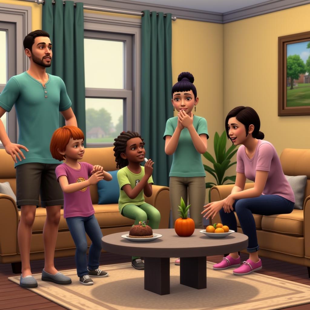 A screenshot of The Sims 4 with a family interacting in their living room