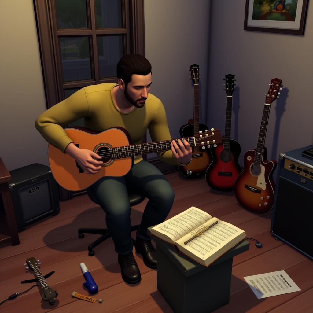 Sim practicing guitar