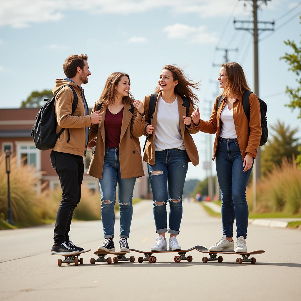 Group of friends skateboarding together