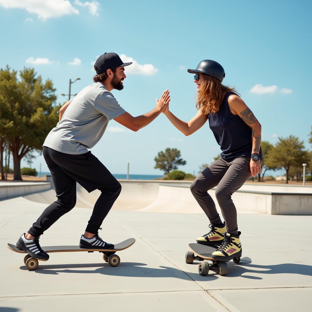 Two skaters high-fiving each other at the skatepark