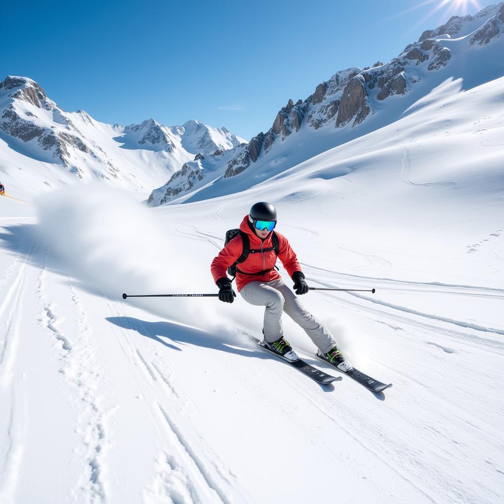 A skier confidently executes parallel turns down a steep black diamond run, demonstrating excellent technique and control.