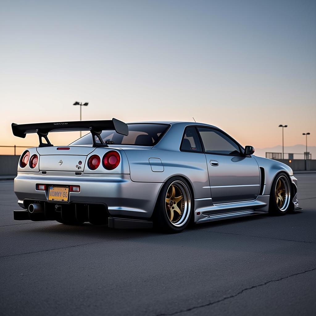 A fully modified Skyline GTR R34 with aftermarket body kit, wheels, and performance upgrades.