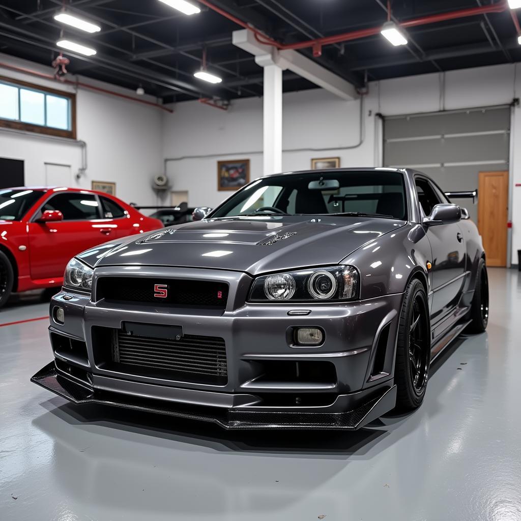 A Skyline R34 Featuring a Complete Front Bumper and Body Kit