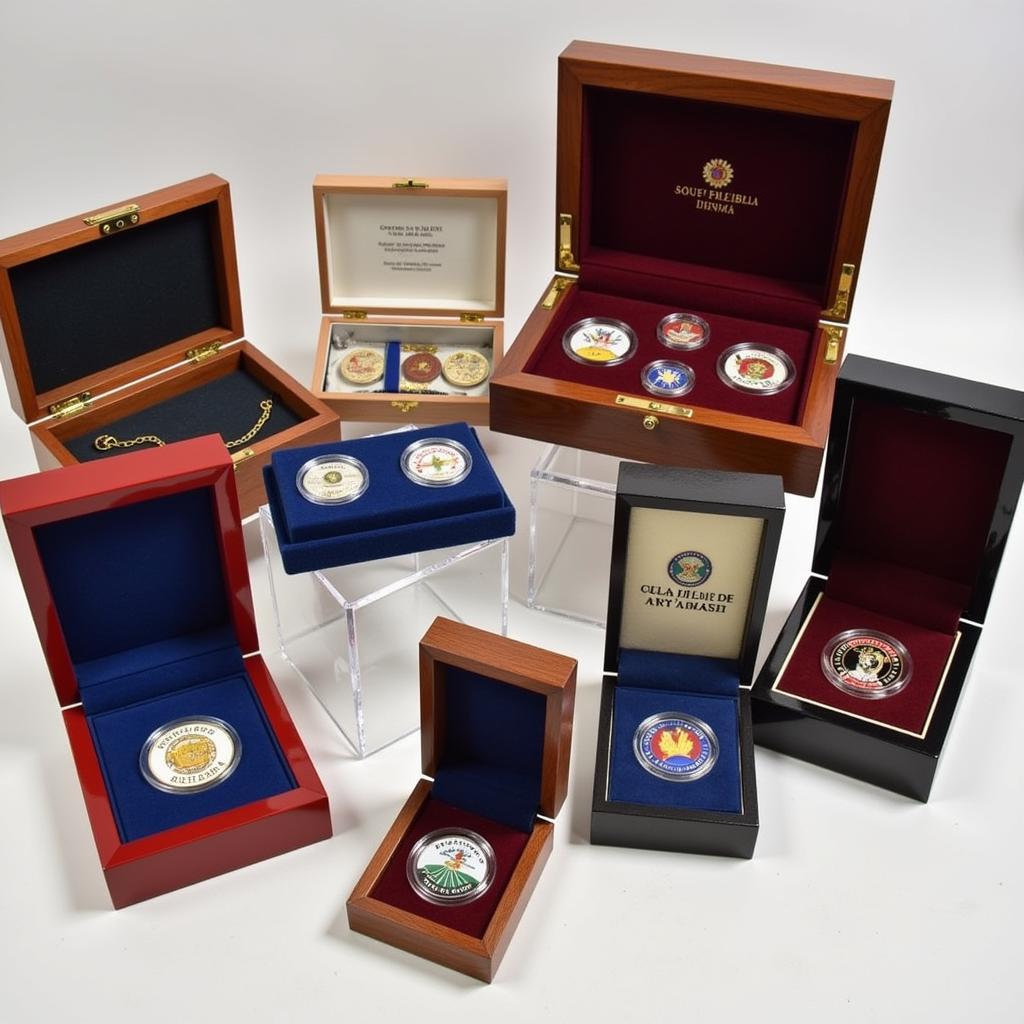 Various display cases for challenge coins