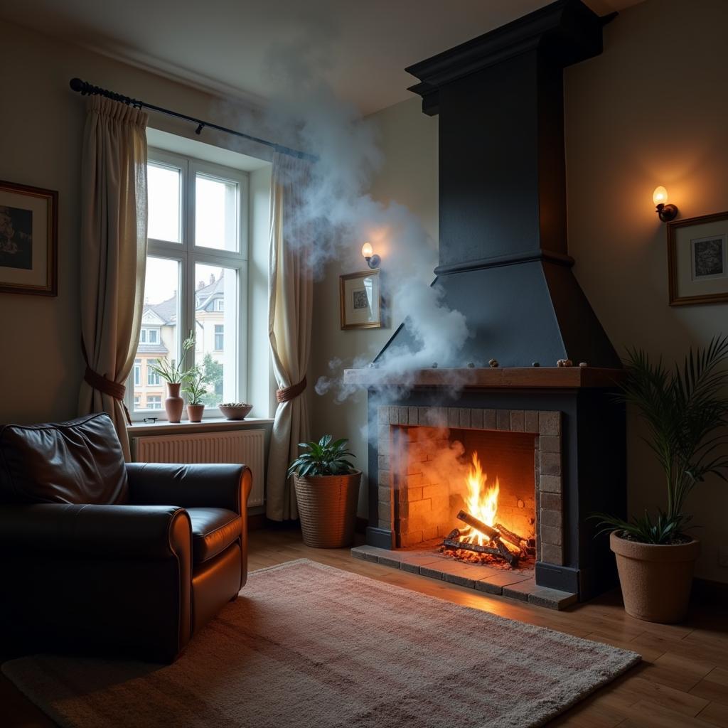 Smoke-filled living room with fireplace