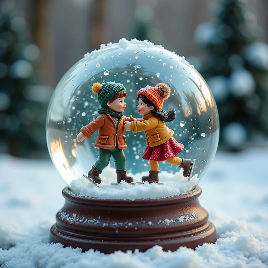 Couple gracefully twirling inside a snow globe