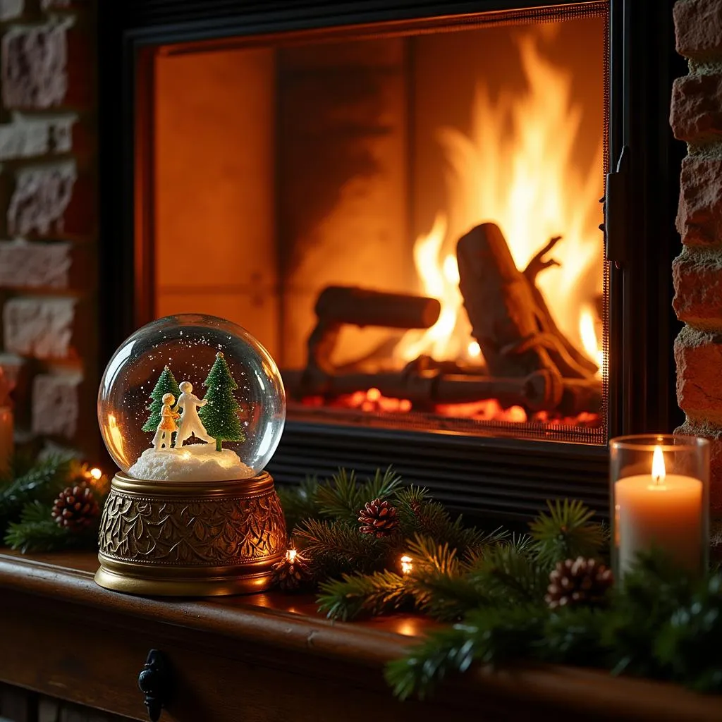 Snow globe prominently displayed on a fireplace mantel