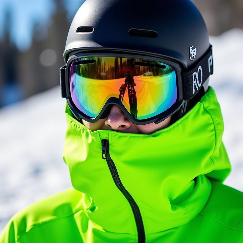 Close-up of a snowboarder wearing neon pants and goggles