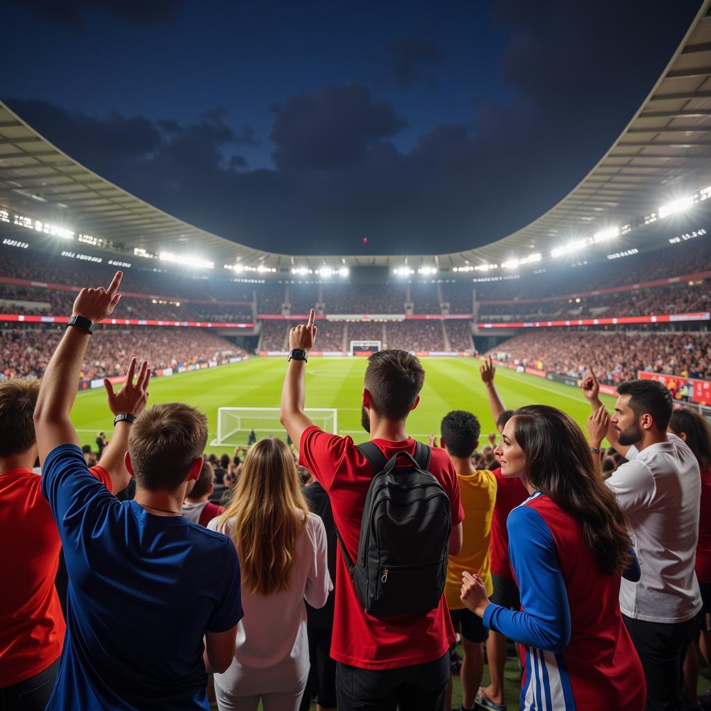 Crowd of diverse fans cheering at a soccer match