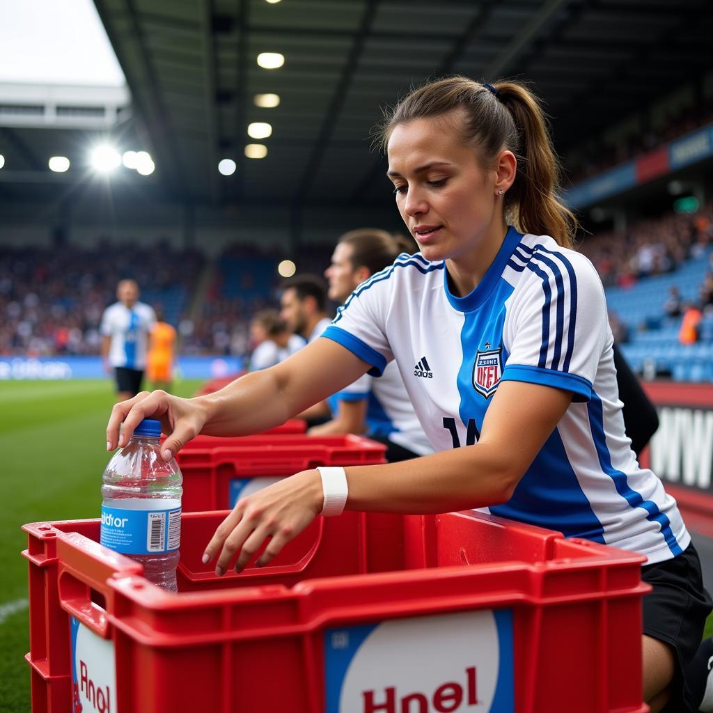 Soccer player grabbing a water bottle from a red crate