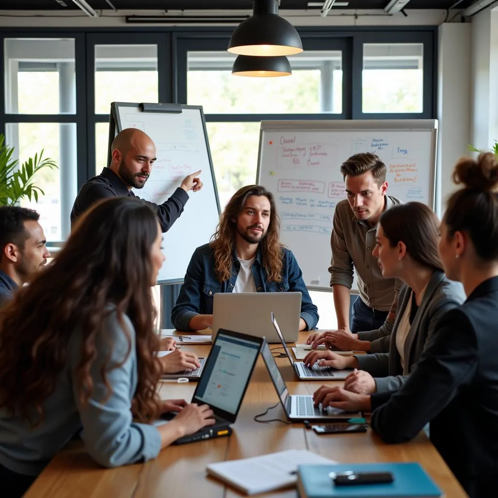 Social impact tech professionals collaborating on a project