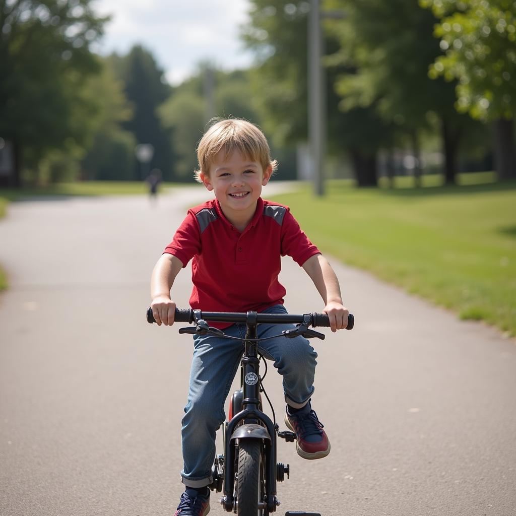 My son triumphantly riding his bike without training wheels for the first time