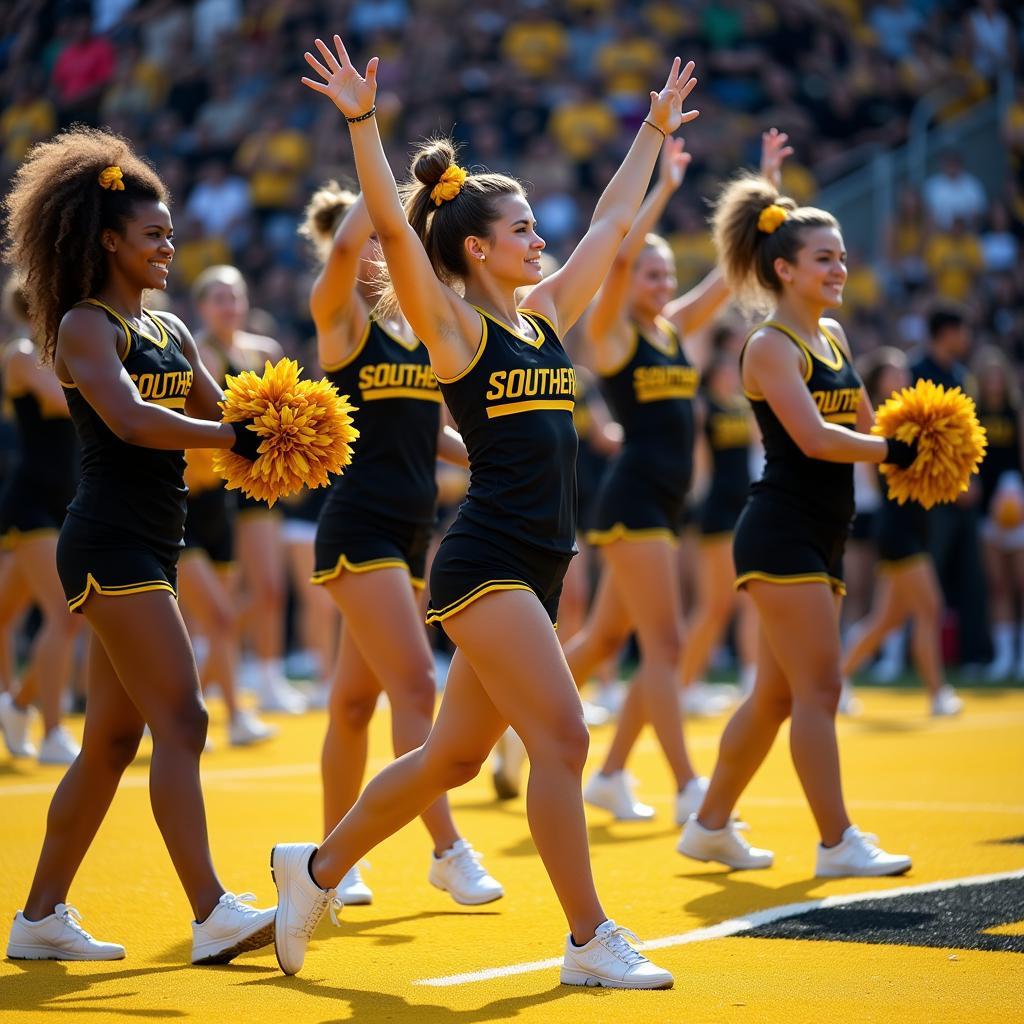 Southern Miss cheerleaders practicing stunts and routines in the gym