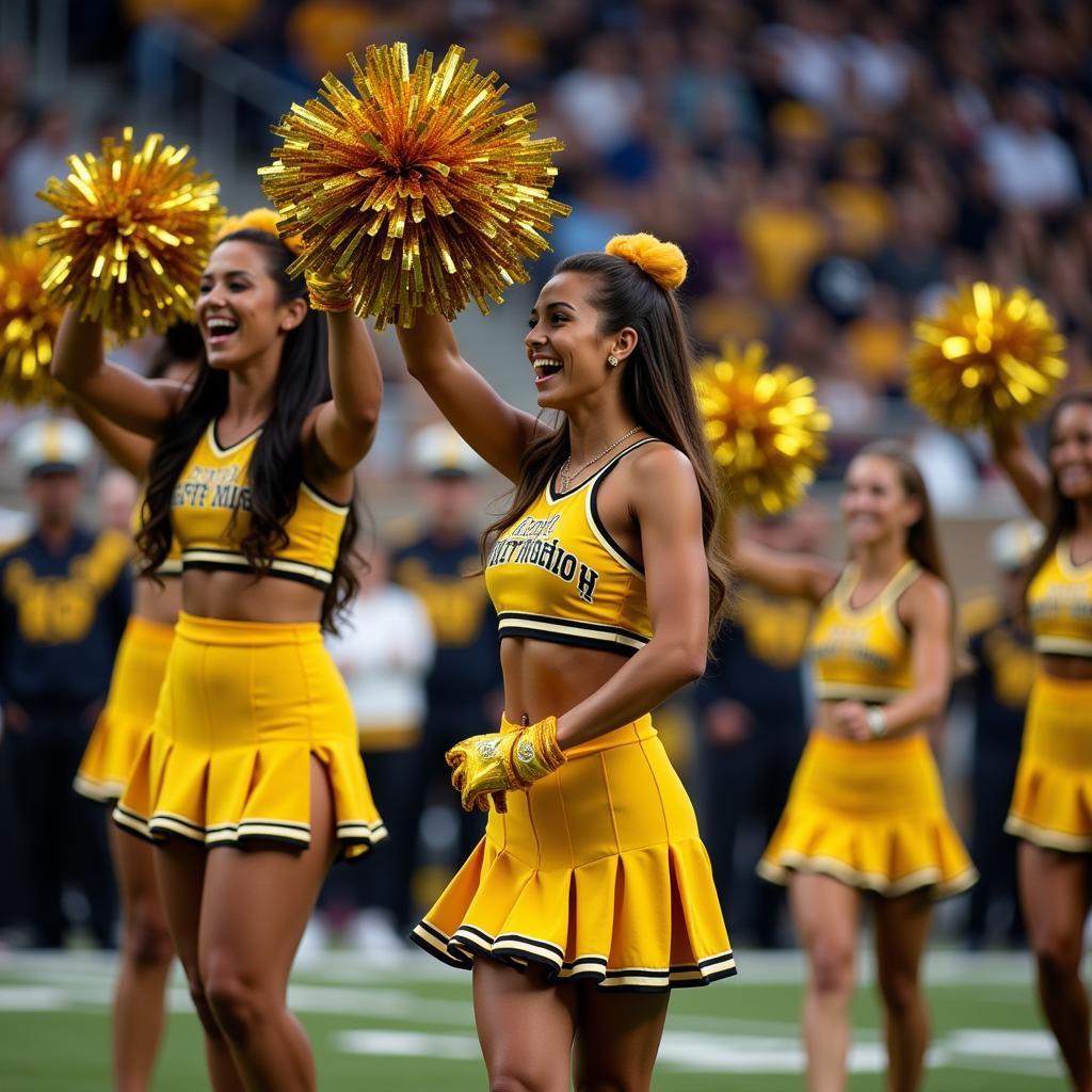 Southern Miss cheerleaders performing alongside the band during a game