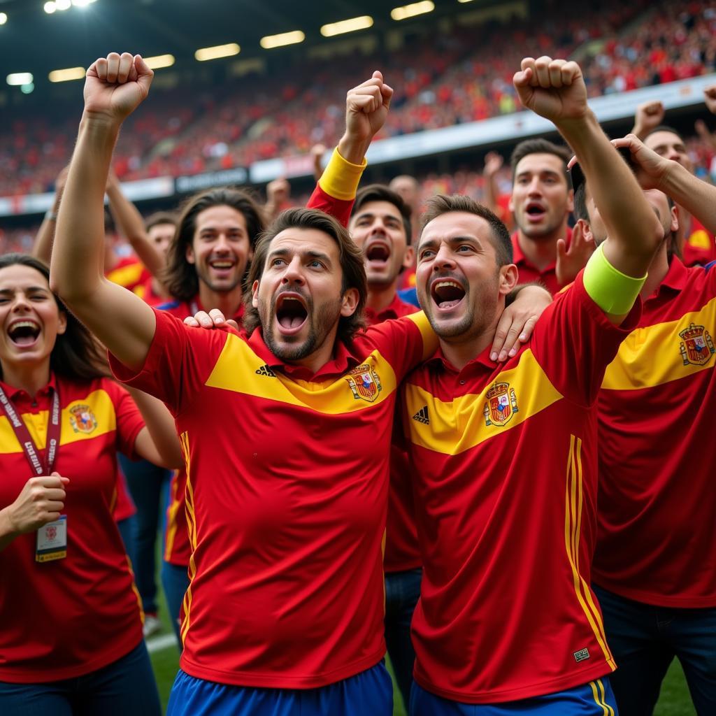 Spanish football fans celebrating in sportswear