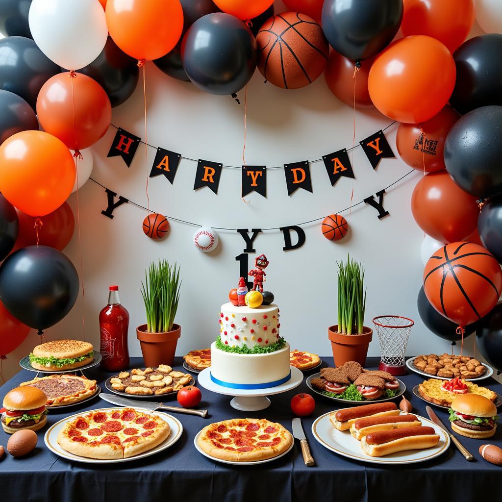 Decorations and food for a sports-themed birthday party include balloons, streamers, tablecloths, banners in team colors, sports equipment, pizza, hot dogs, burgers, snacks, a sports-themed cake, and cupcakes.