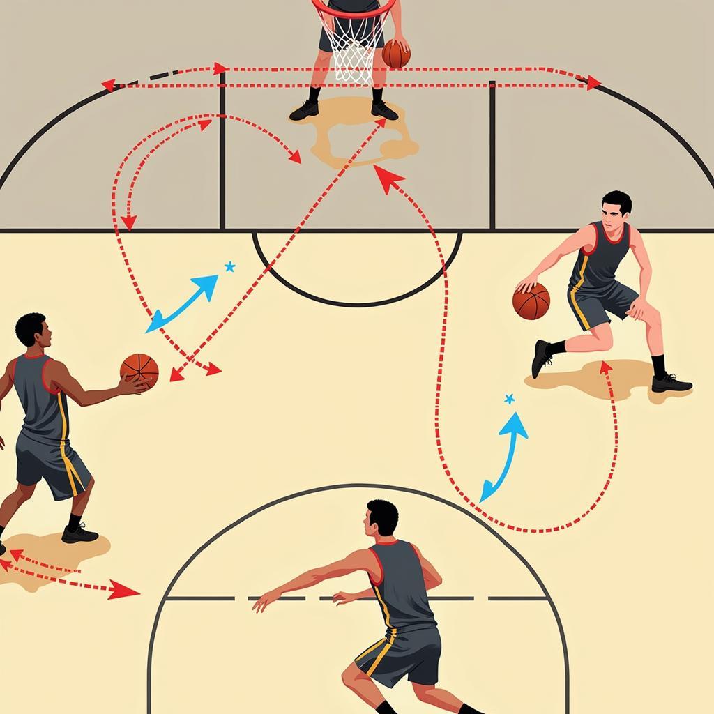 Basketball players passing the ball in a spread offense