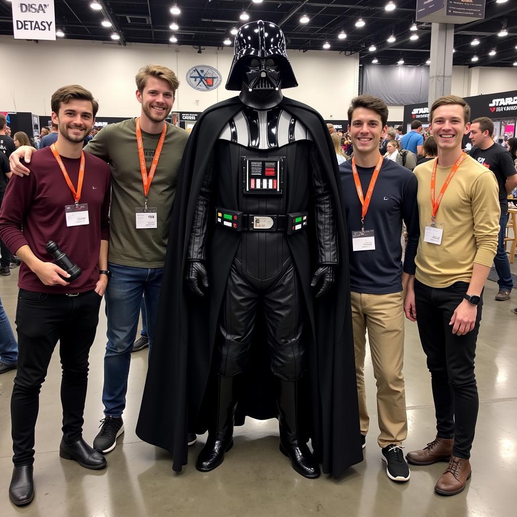 Star Wars fans posing with a Darth Vader figure