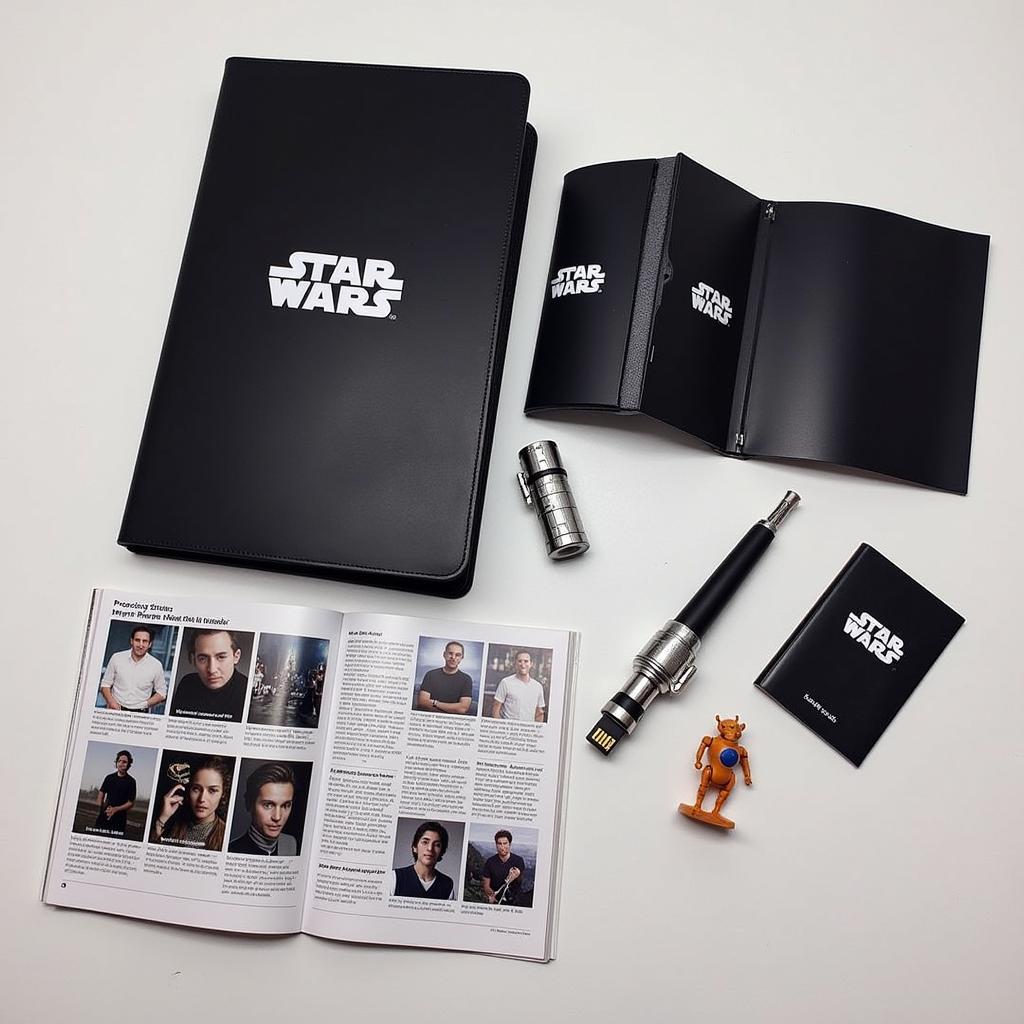 A table full of Star Wars press kit items