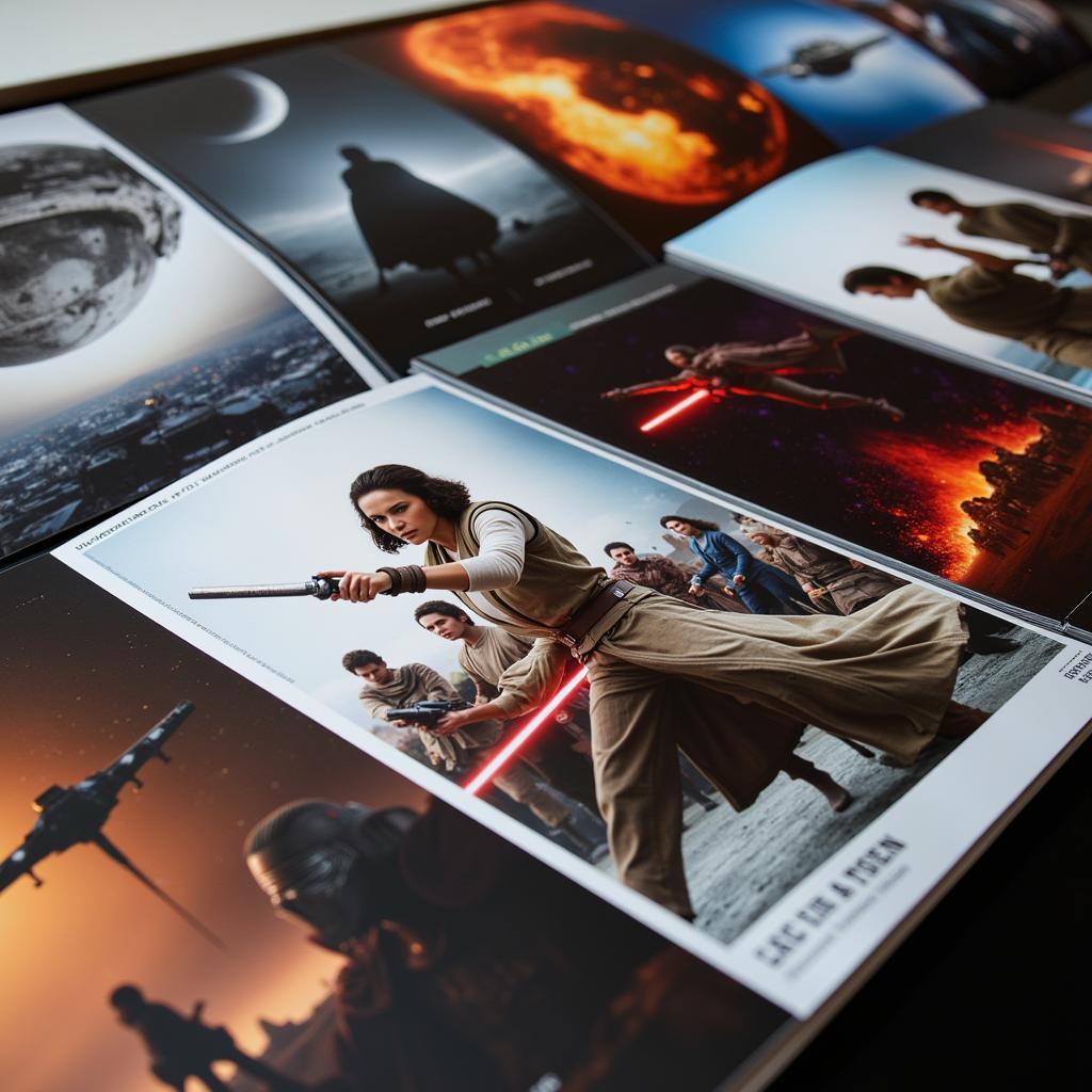 A collection of glossy Star Wars photos spread out on a table.