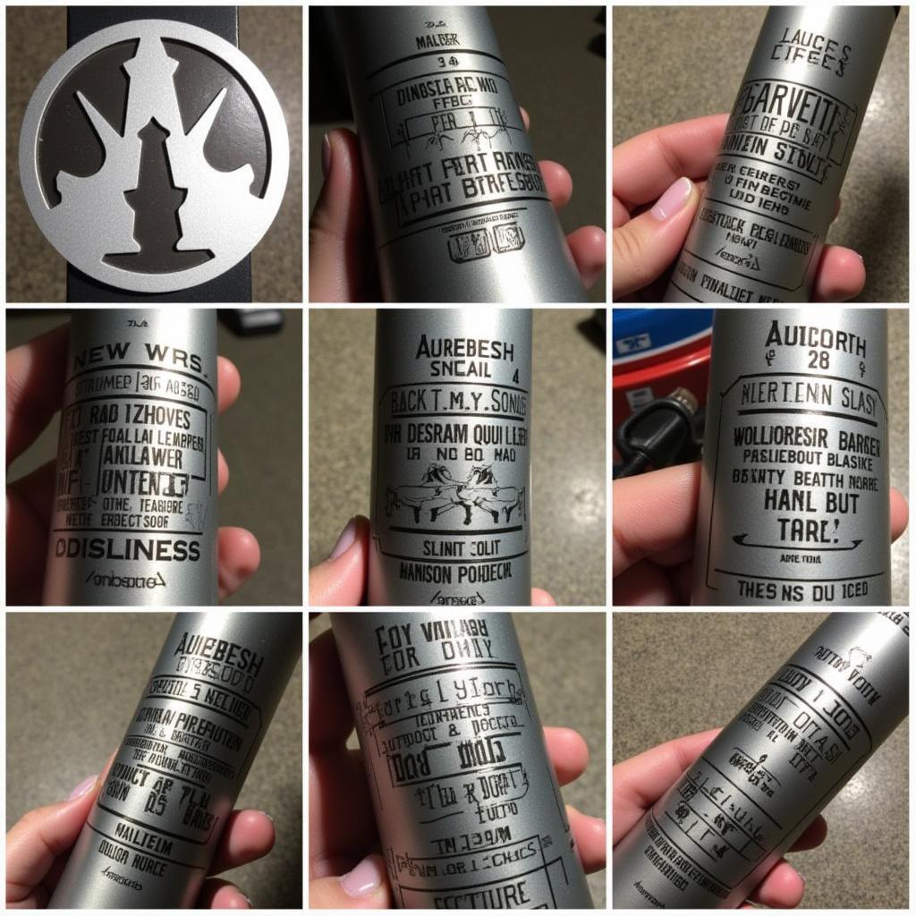 Detailed shots of unique Star Wars ring designs: Aurebesh inscriptions, lightsaber hilts, and character silhouettes.