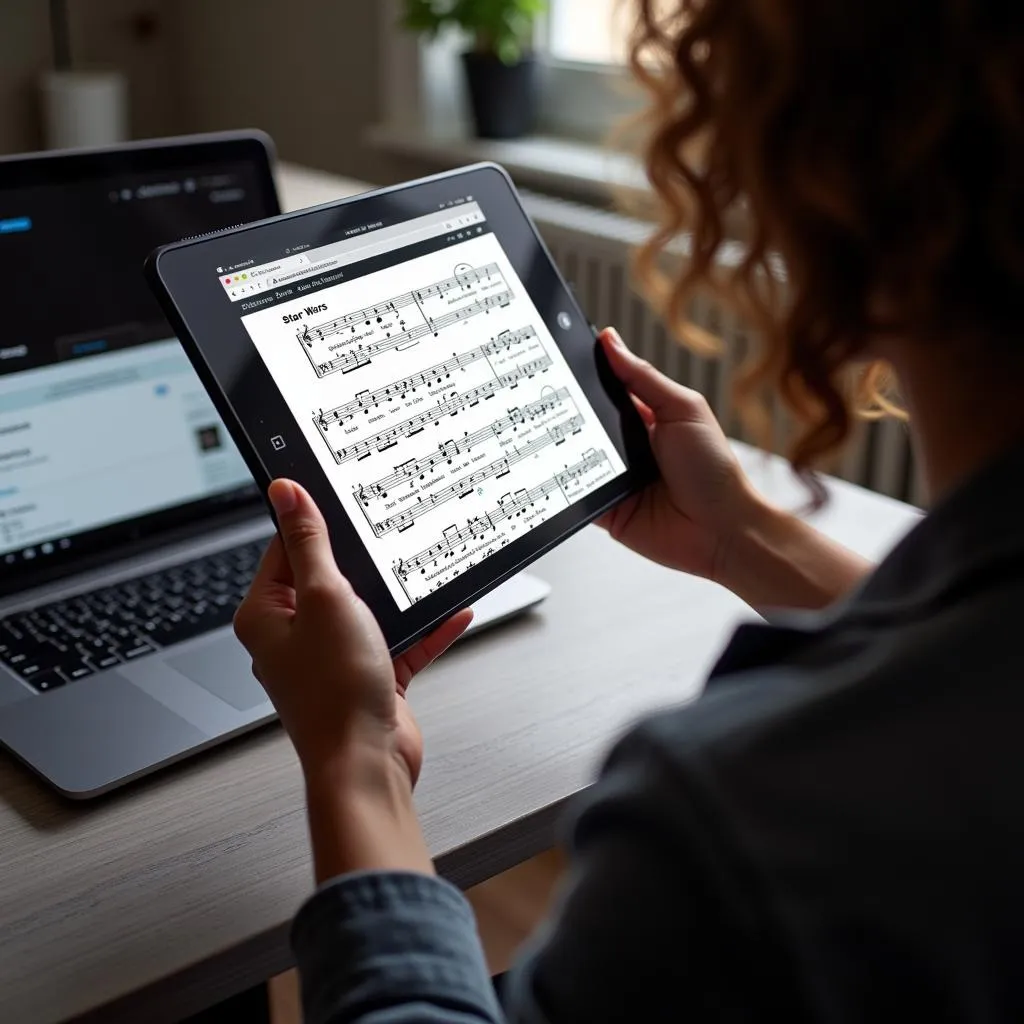 Star Wars sheet music displayed on a digital device, showcasing online resources