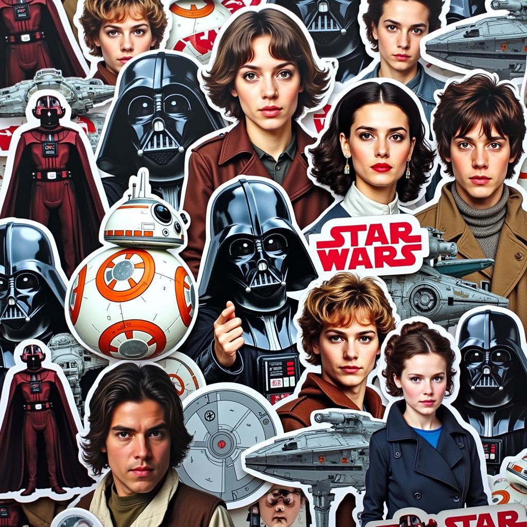 A collection of colorful Star Wars stickers featuring popular characters and spaceships.