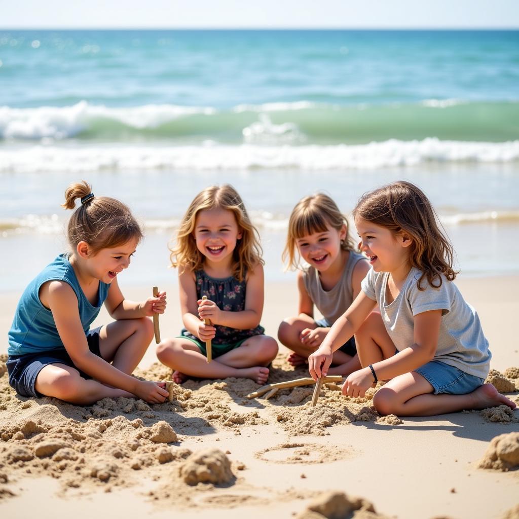 Kids drawing on the beach with sticks