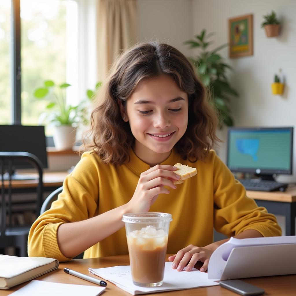 A student taking a well-deserved break from finals preparation, enjoying a healthy snack