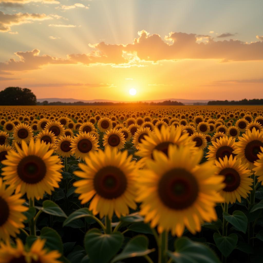 A field of sunflowers facing the rising sun