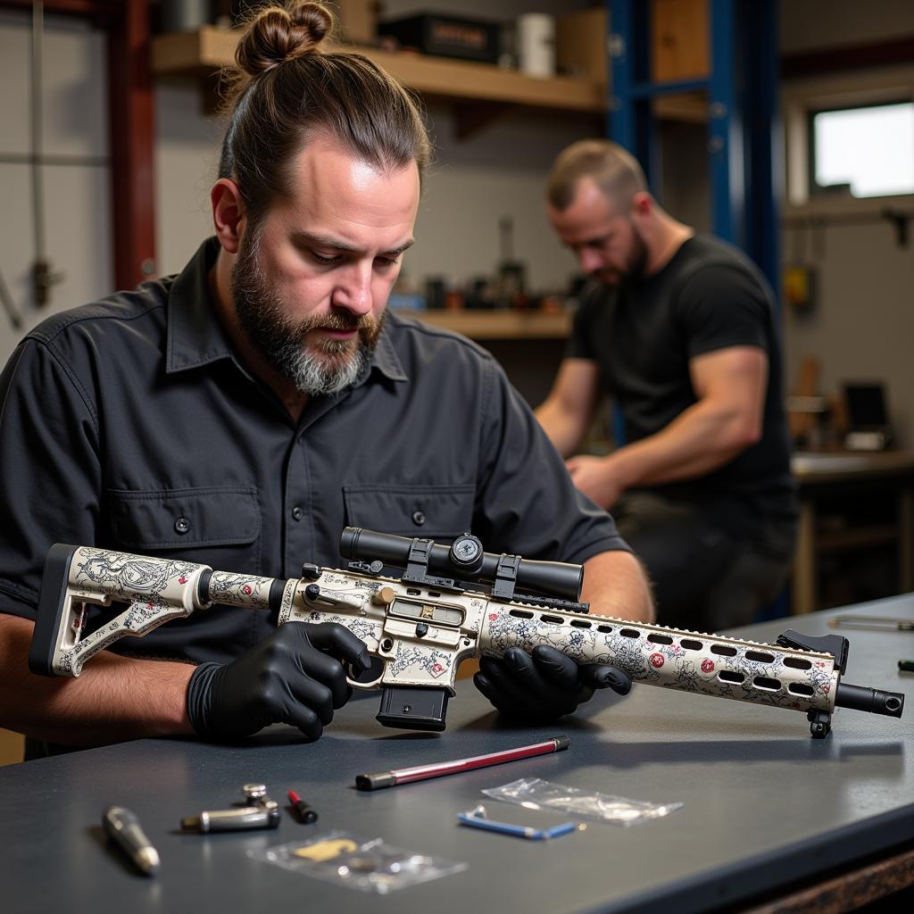 A skilled technician meticulously applying a custom design onto a firearm