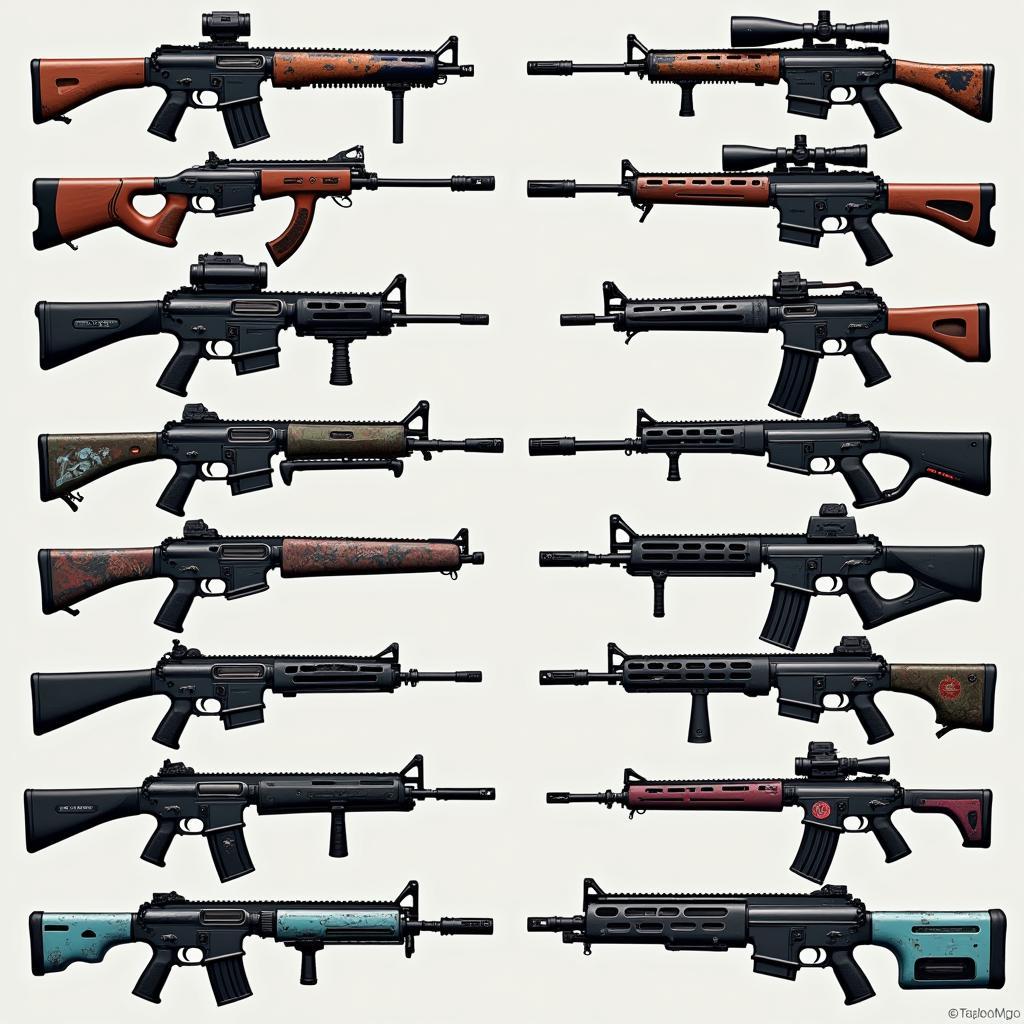 A wide array of tactical weapon skins displayed on a virtual wall