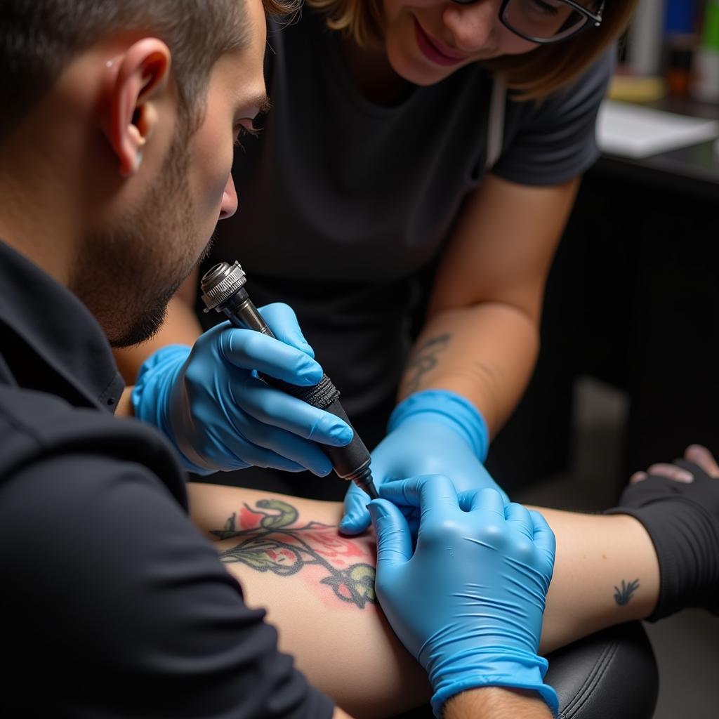 A tattoo artist working on a client's arm