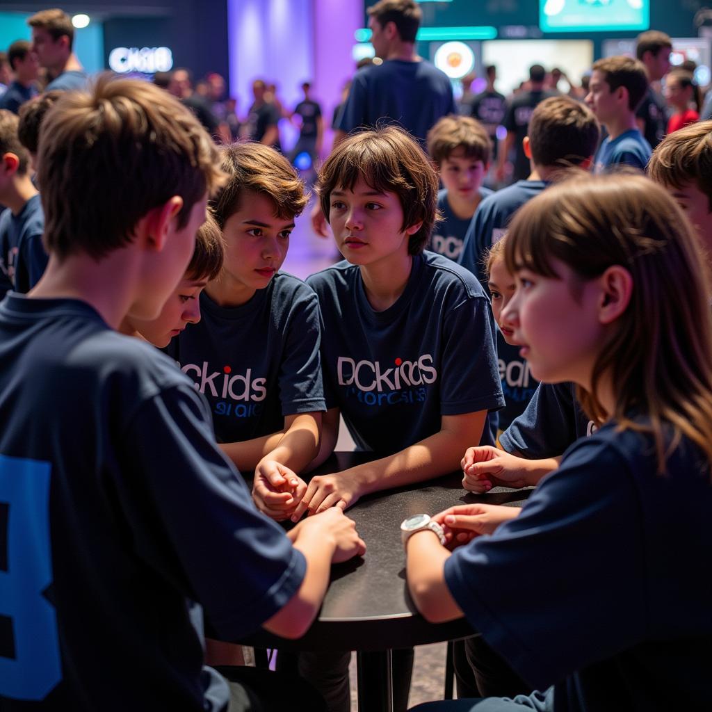 A group of young gamers huddled together, strategizing during a break in a tournament