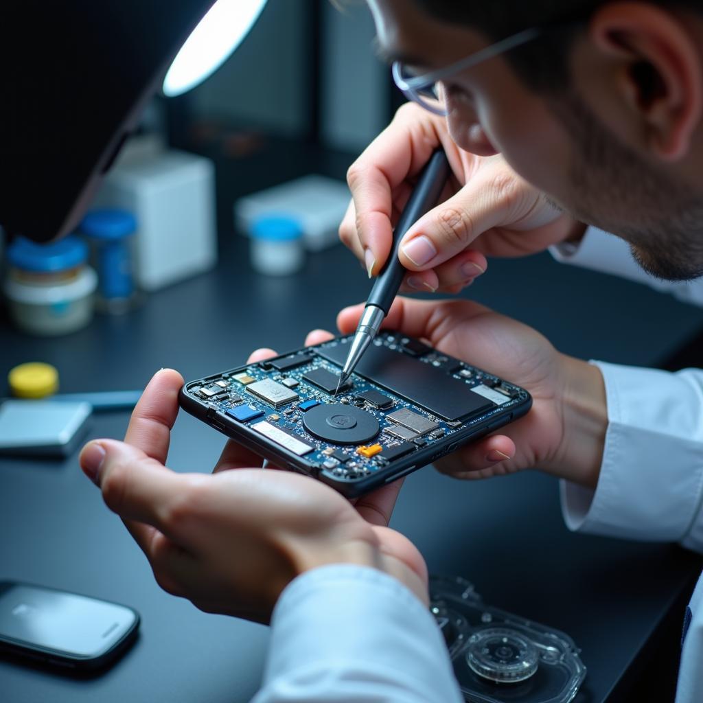 Skilled technician diagnosing a smartphone using specialized tools