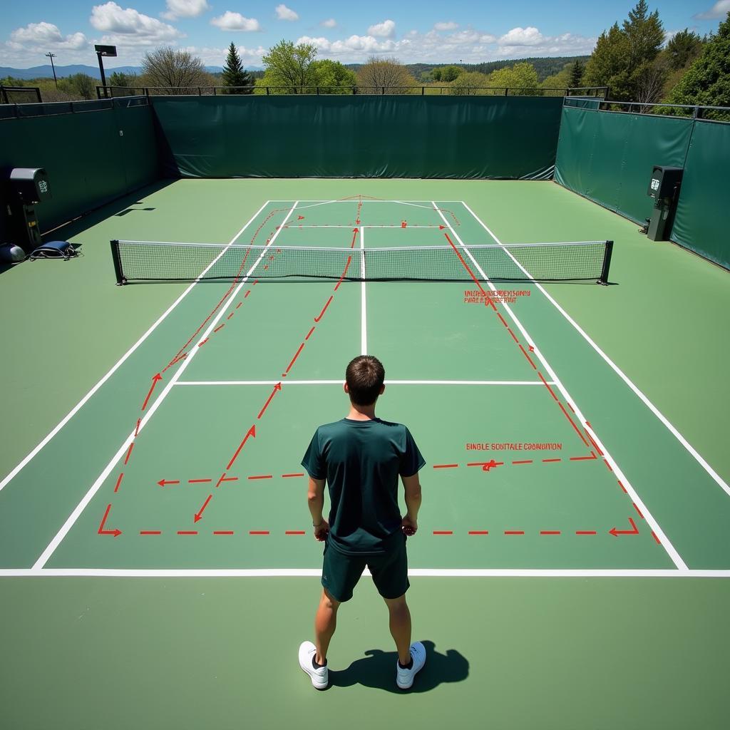 A tennis player observing the court with geometric lines indicating court coverage and shot angles