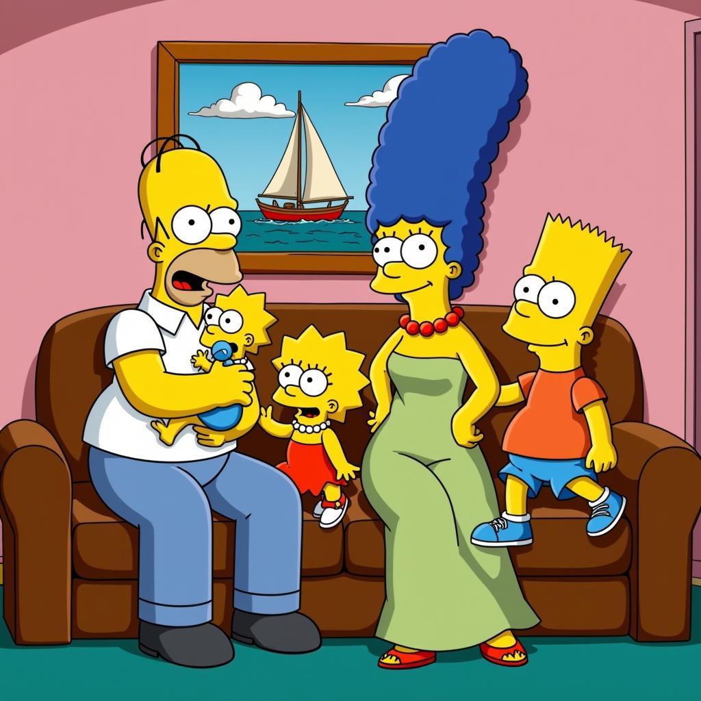 The Simpson family posing for a family photo in their living room