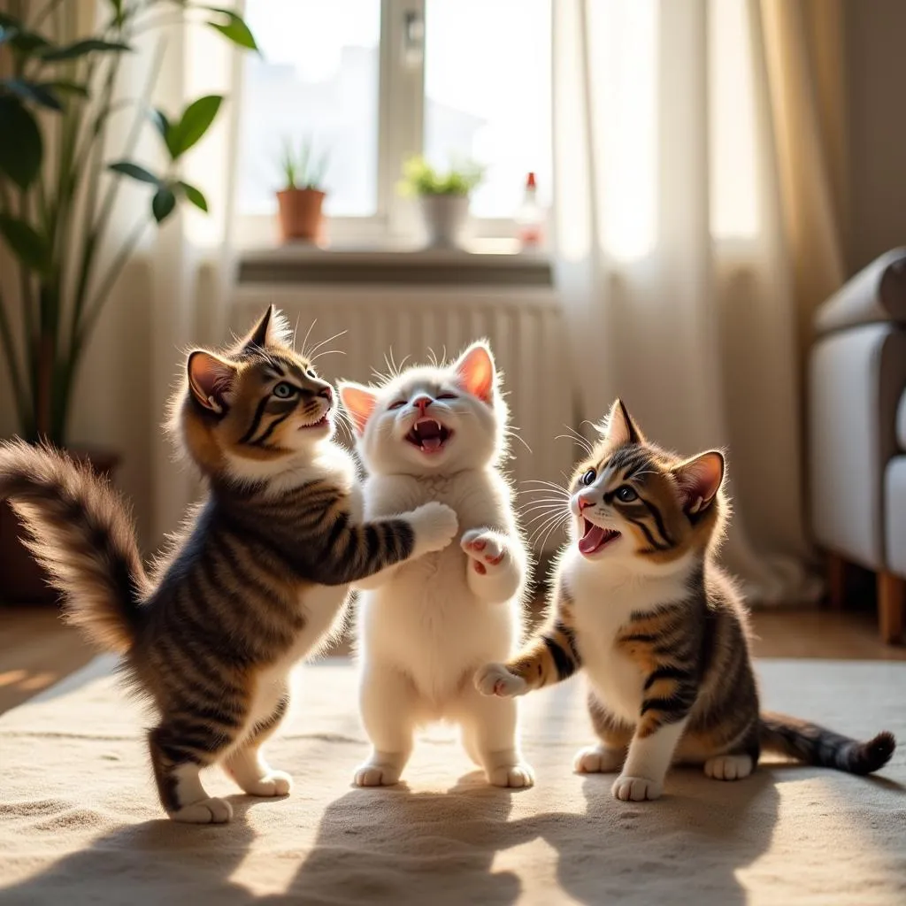 Three Playful Cats in a Cozy Living Room